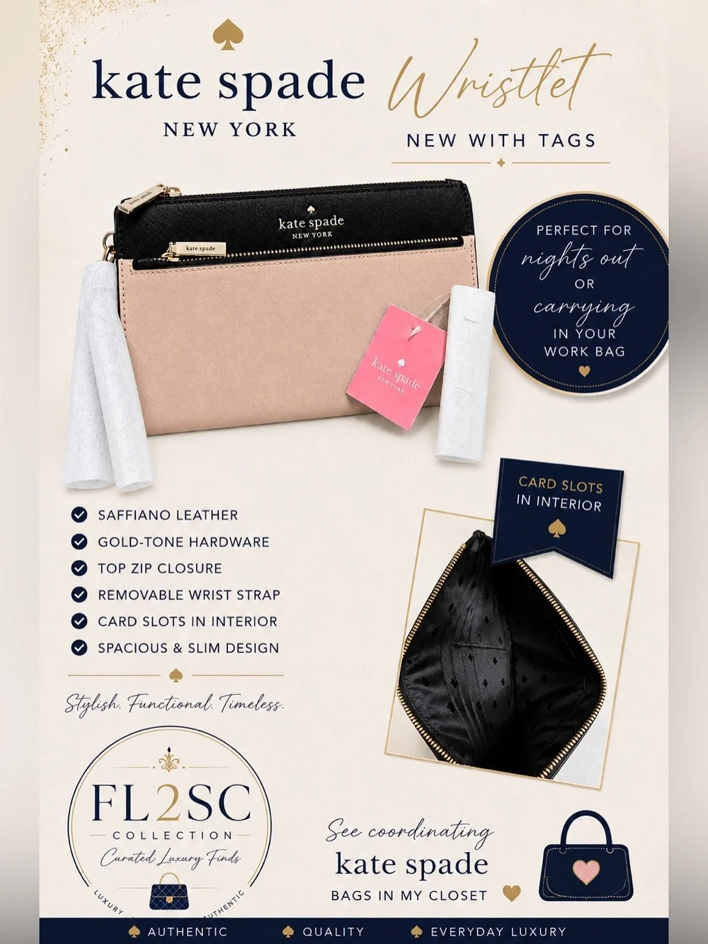 NWT kate spade Two-Tone Black & Cream  Saffiano Leather Wristlet